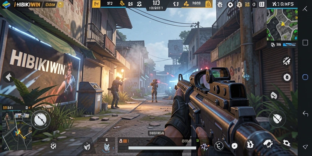Tangkapan layar HIBIKIWIN menunjukkan aksi intens dalam pertempuran FPS.