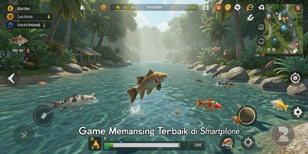 Tampilan gameplay seru dari RAJAPANDA88 dengan pemandangan memancing yang indah.