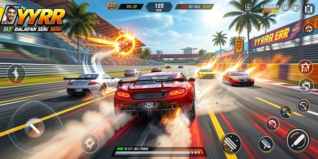 Screenshot gameplay YYRR menunjukkan balapan cepat dan grafis yang menakjubkan.